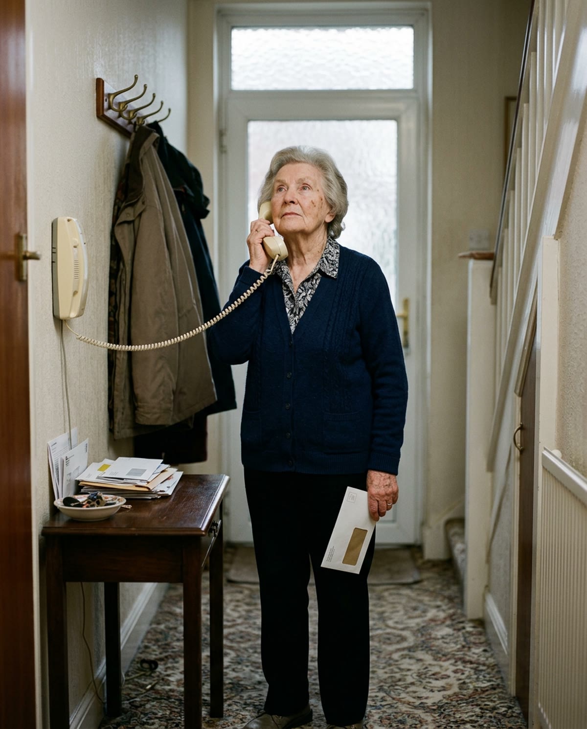 Florence, 83, in the hallway of her Manchester terraced house, holding a hospital letter and a corded phone.