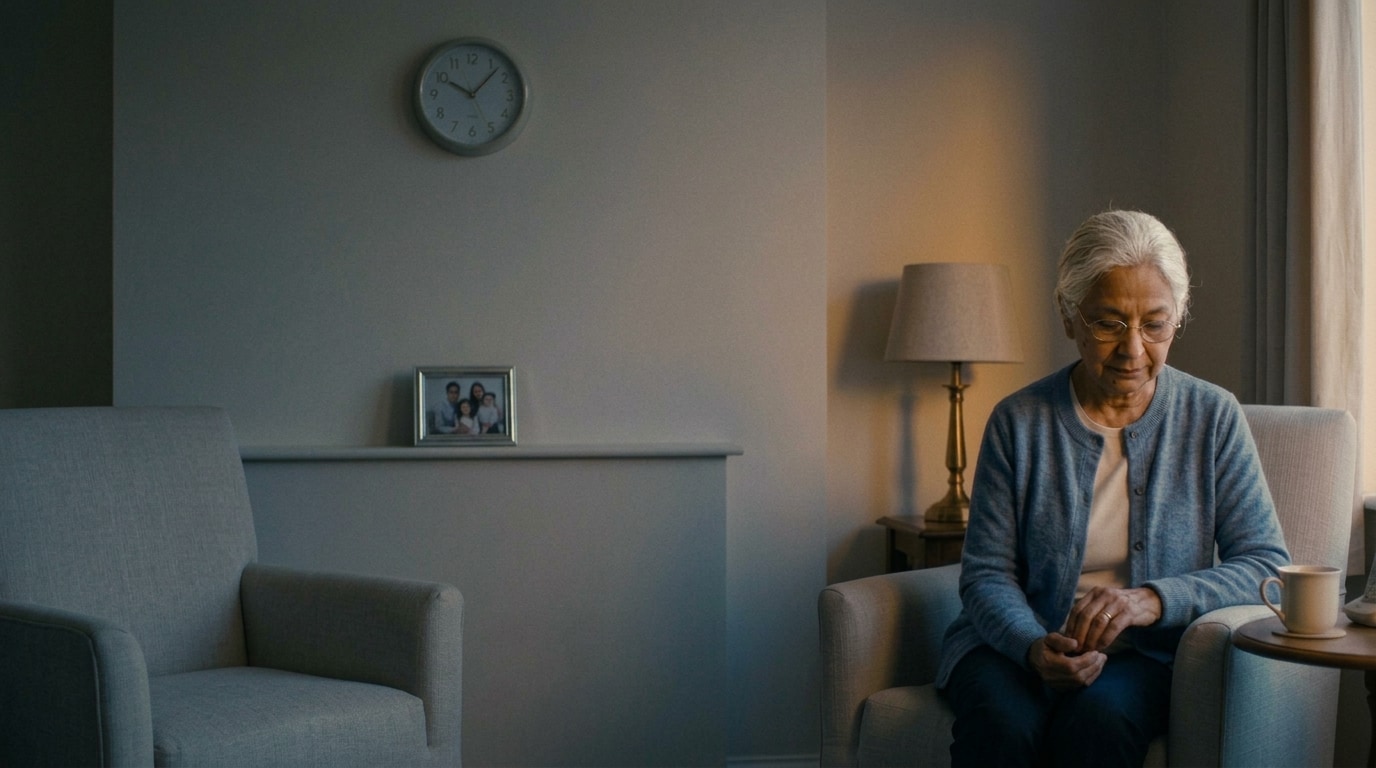 An older woman sits alone in a quiet room, her tea gone cold, an empty chair facing her.